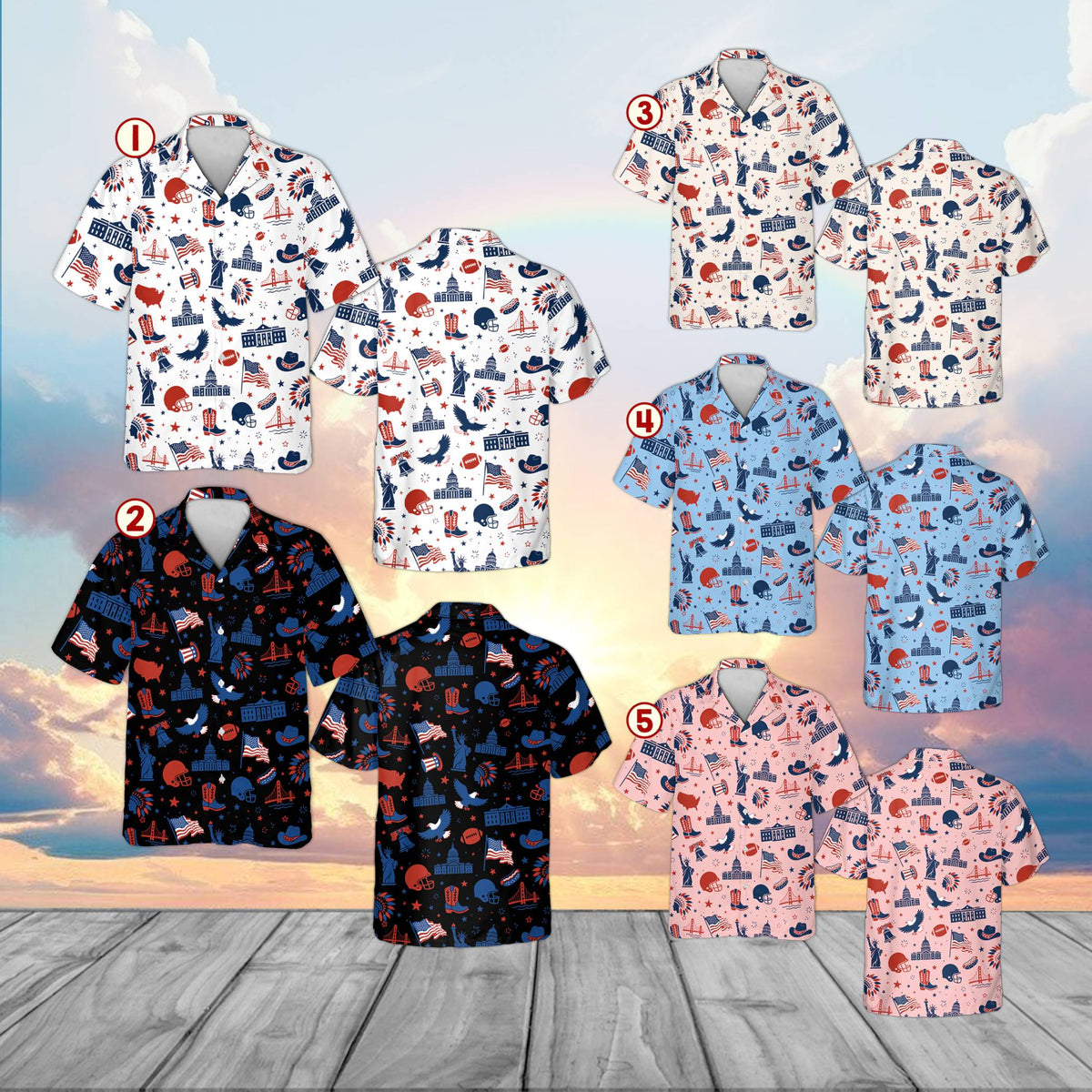 Multicolor patriotic hawaiian shirt with all-over USA icons, front view