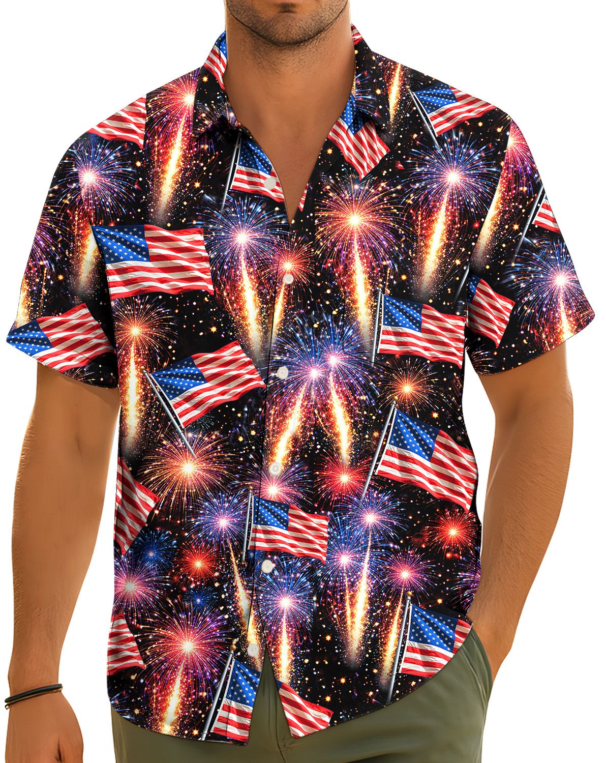 Lifestyle view of family wearing the matching patriotic Hawaiian shirts
