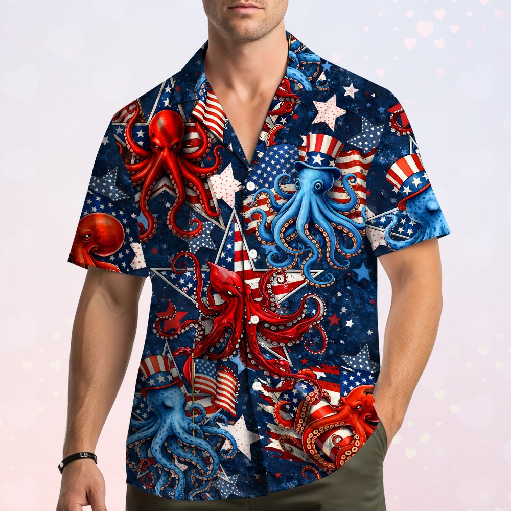 Second lifestyle view showing the patriotic octopus hawaiian shirt on a person