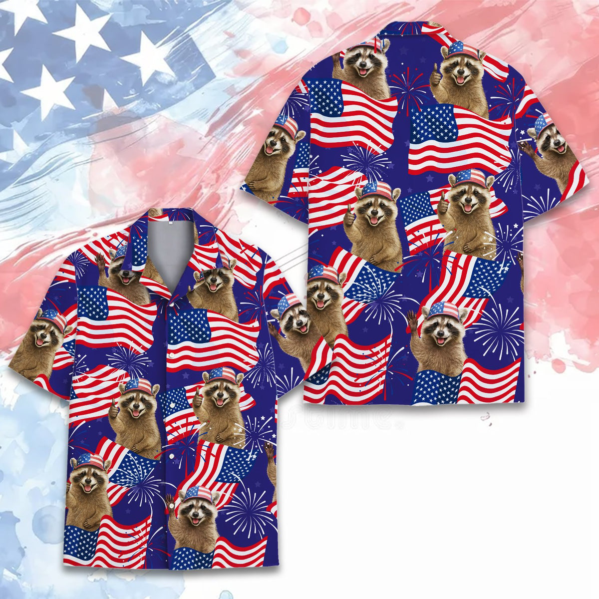 Another detail view of the patriotic raccoon hawaiian shirt pattern