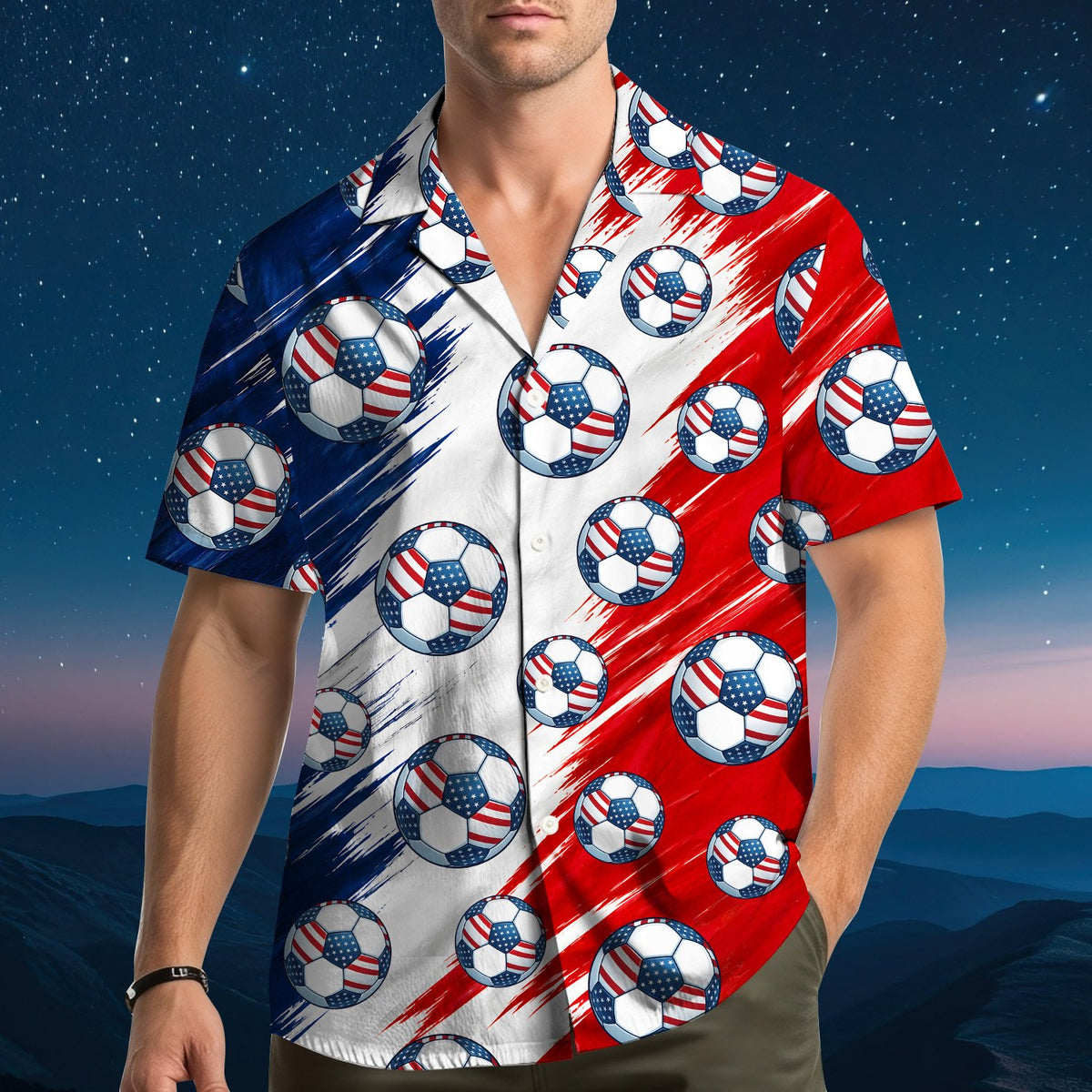 Final front view of the matching family hawaiian shirt in red, white, and blue