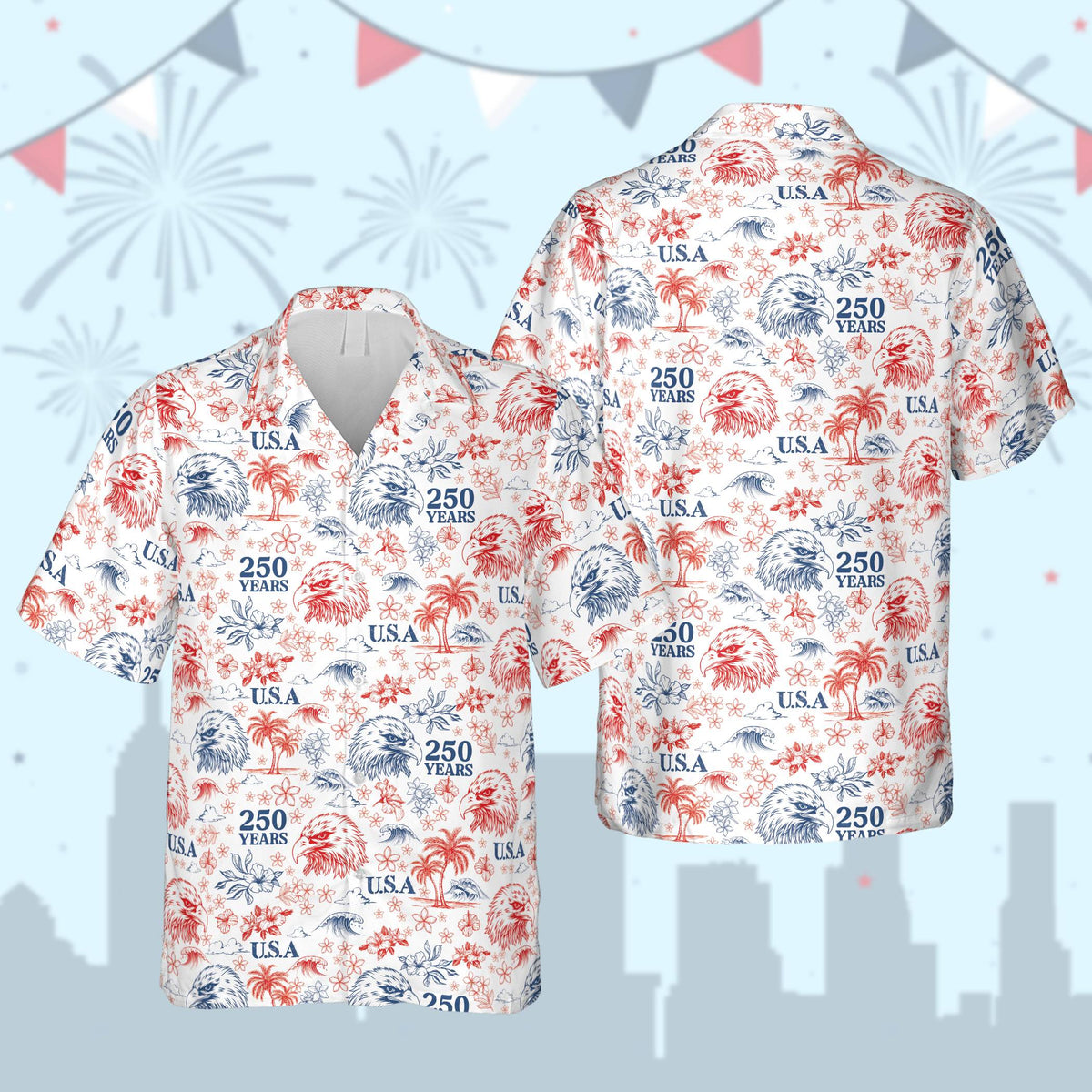 Patriotic hawaiian shirt with bald eagles on a white background, front view