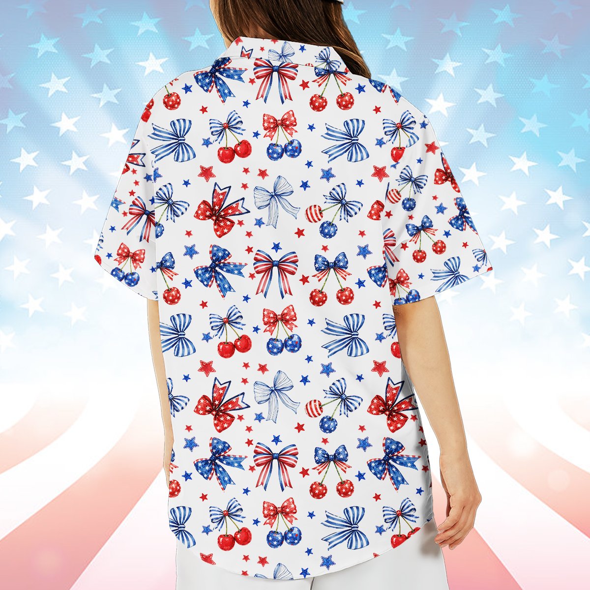 Family wearing matching patriotic hawaiian shirts with bows and cherries, close-up lifestyle view