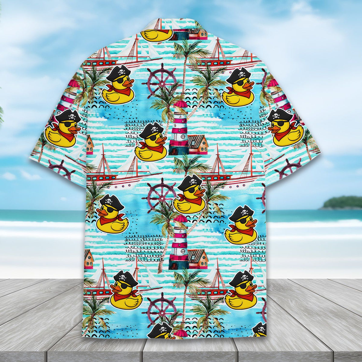 Fabric detail of the blue and yellow pirate duck hawaiian shirt