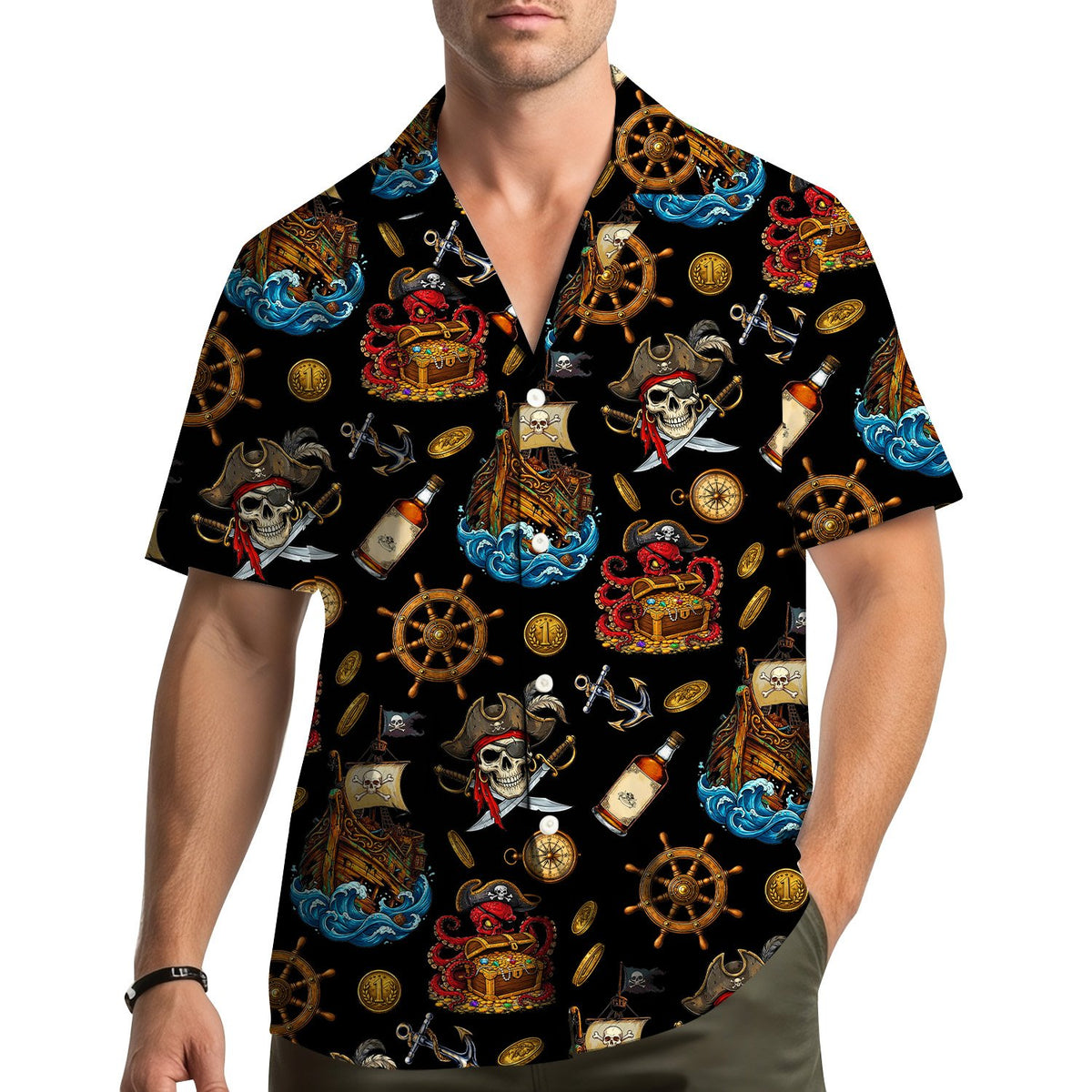 Lifestyle view of family wearing matching pirate hawaiian shirts