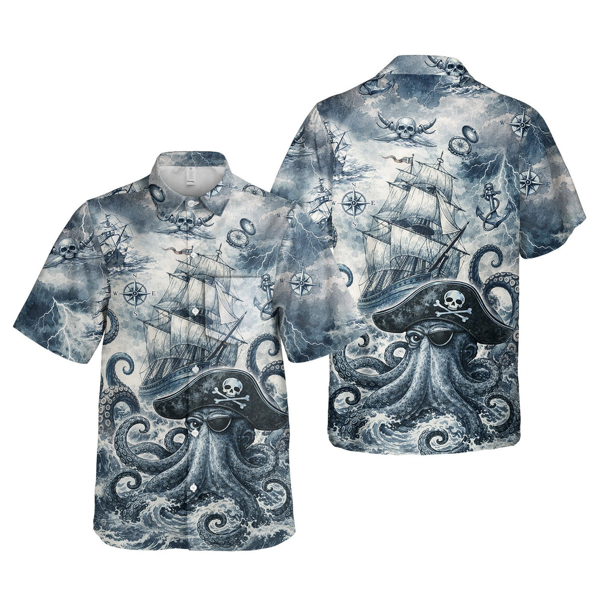 Additional view highlighting the fabric and colors of the pirate hawaiian shirt