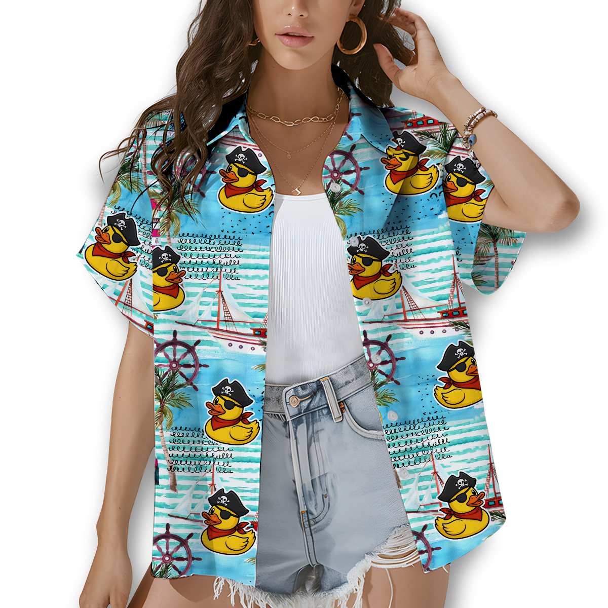 Alternate lifestyle view of the pirate rubber duck hawaiian shirt worn outdoors