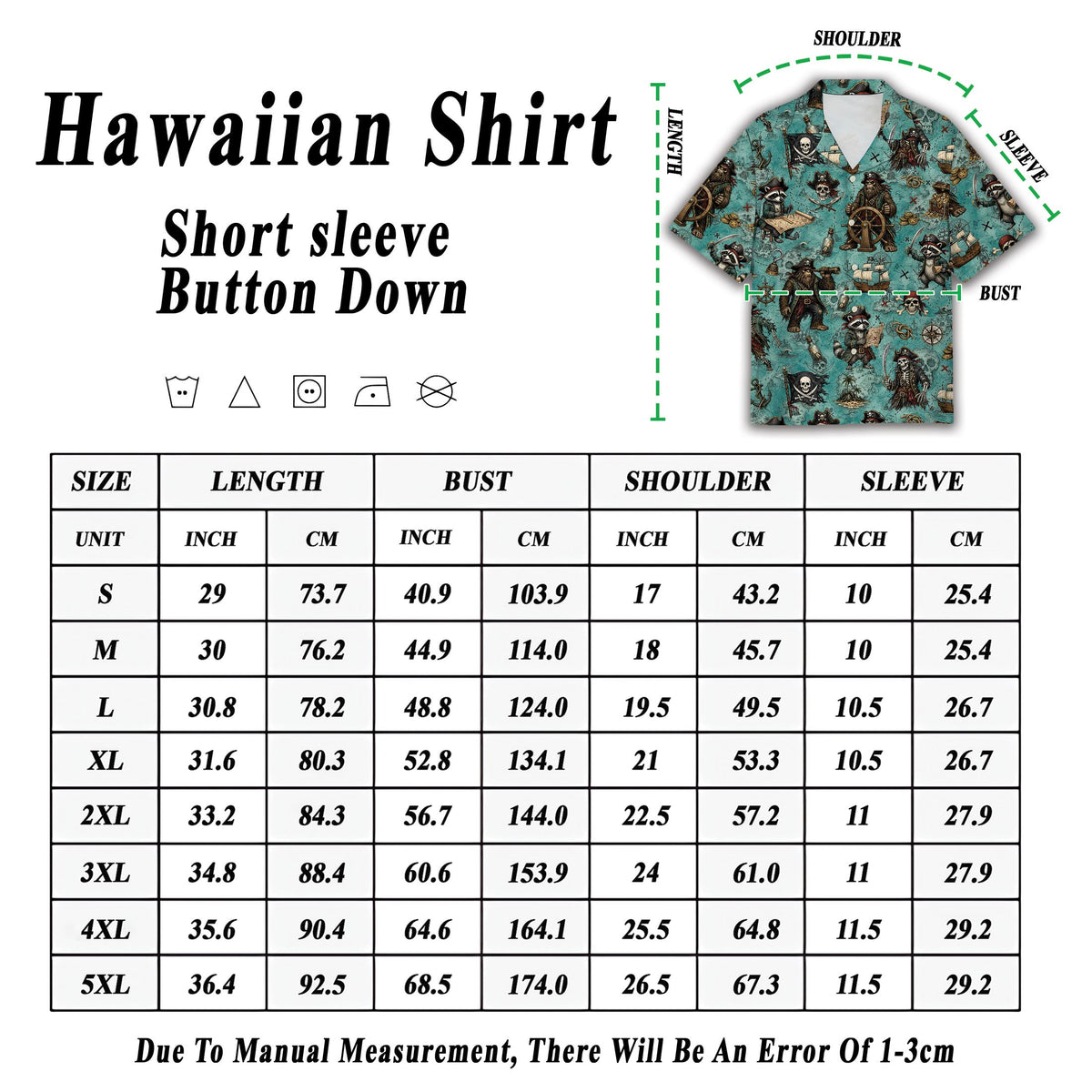 Close up of the button-down front and collar on the pirate hawaiian shirt