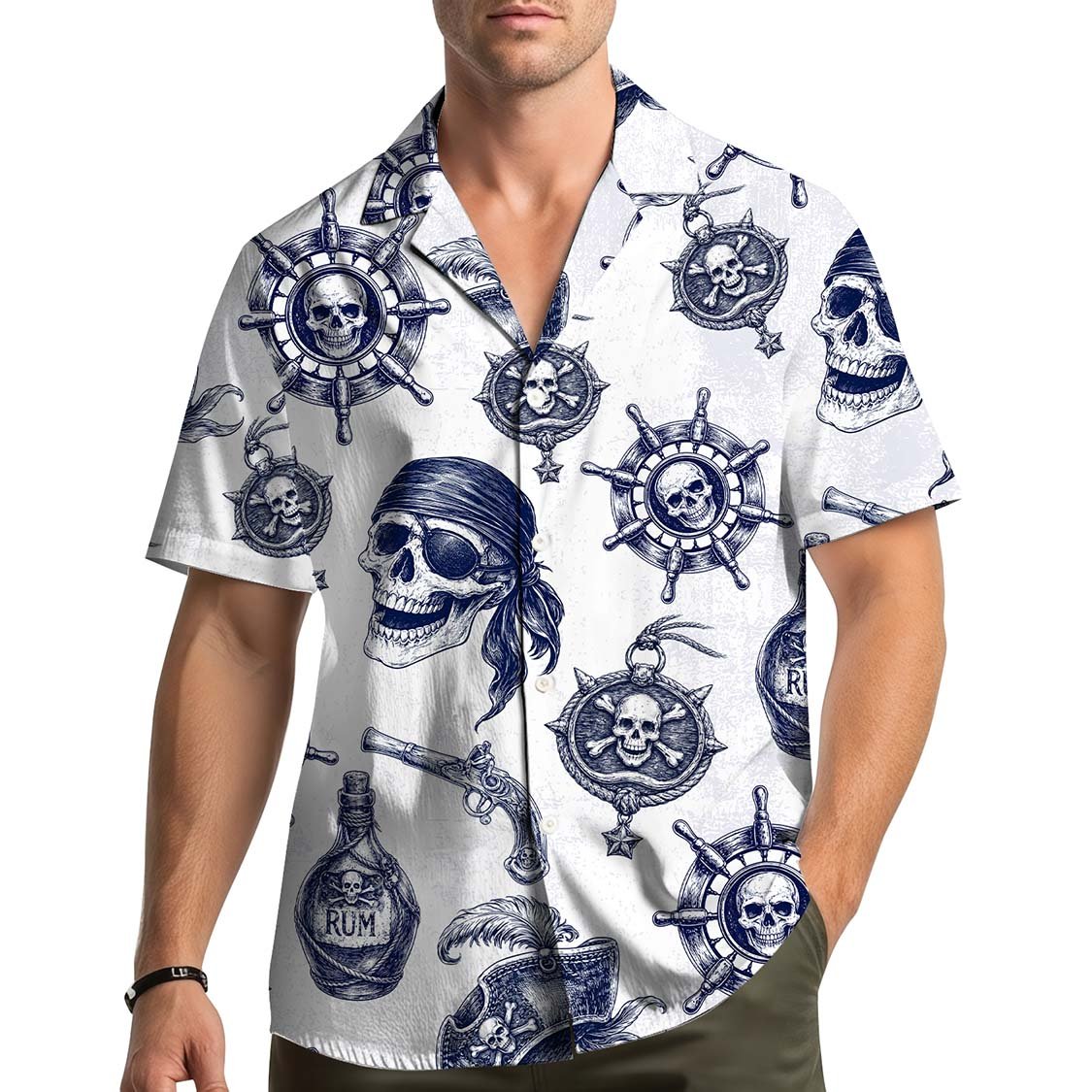 Lifestyle view of the family hawaiian shirts featuring the pirate design