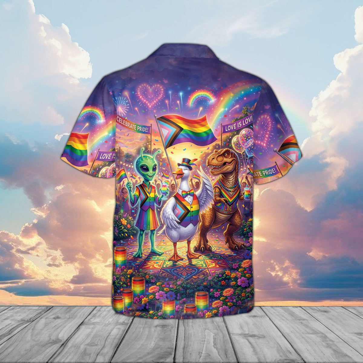 Back view of the matching family hawaiian shirts pride design with a colorful psychedelic landscape