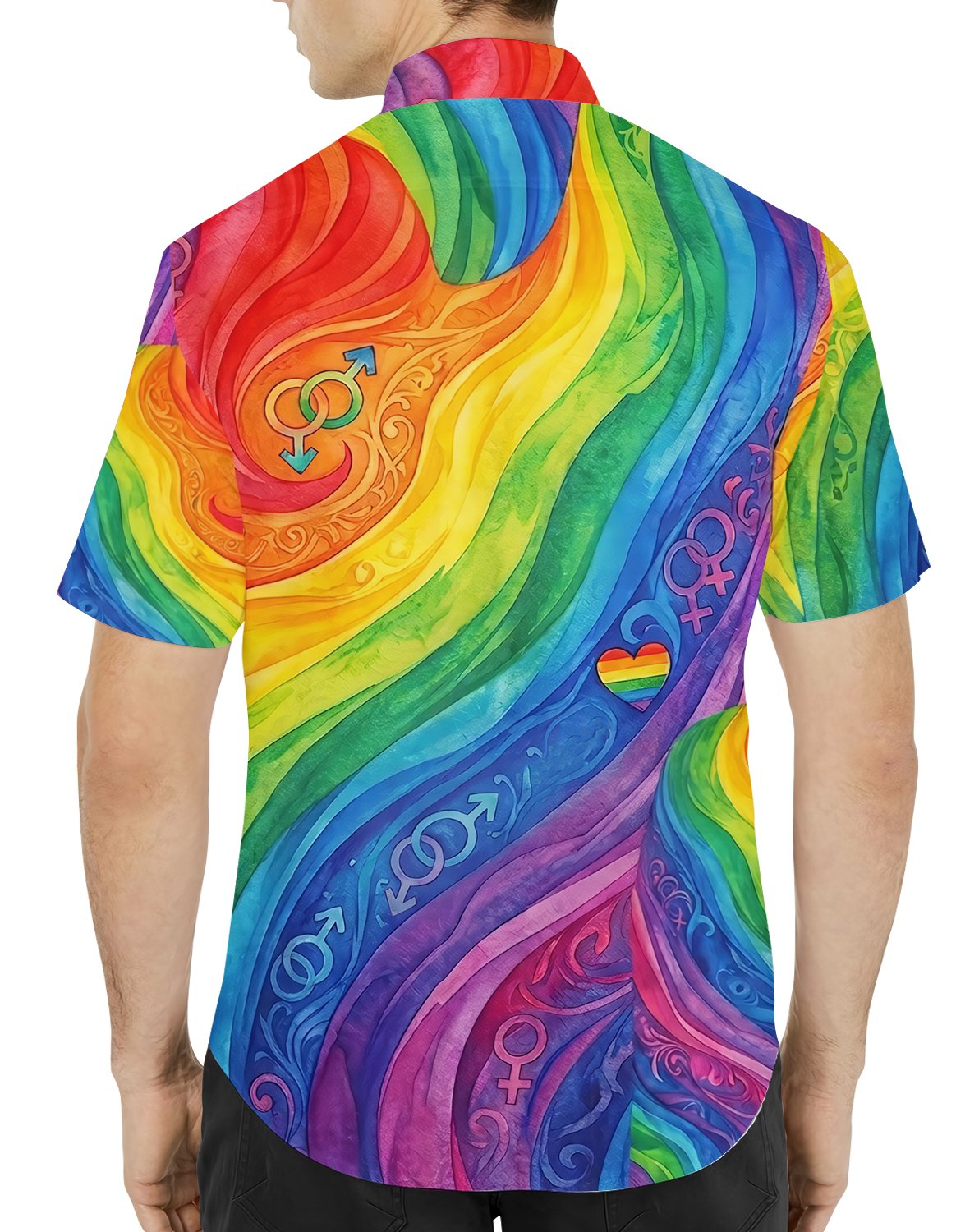 Second lifestyle view showcasing the comfortable fit of the rainbow watercolor hawaiian shirt