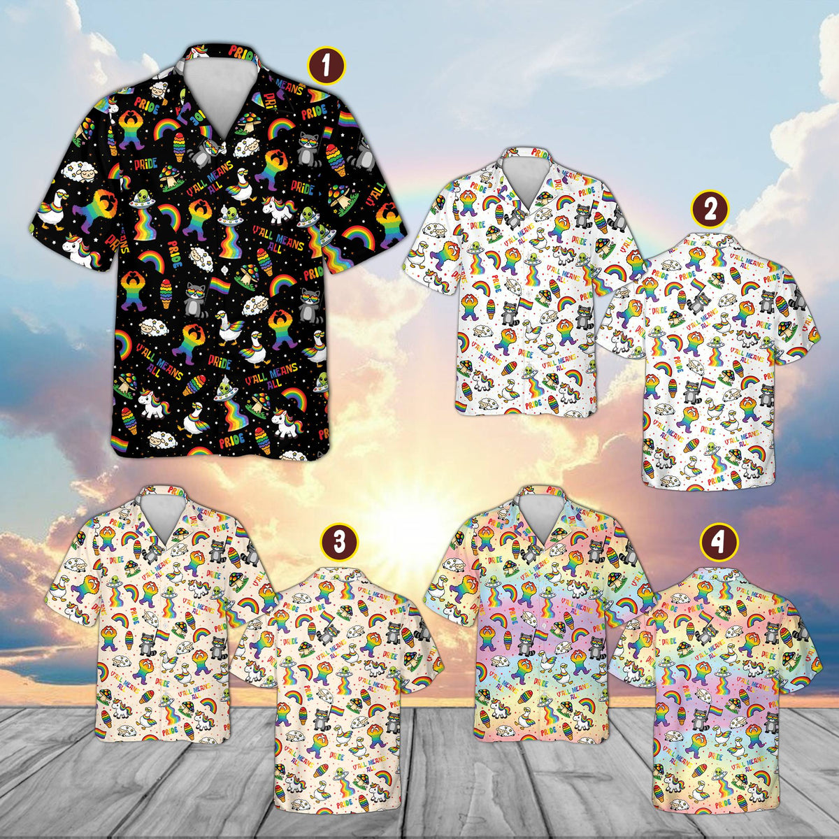 Close up view of the pride hawaiian shirt pattern with UFOs and animals