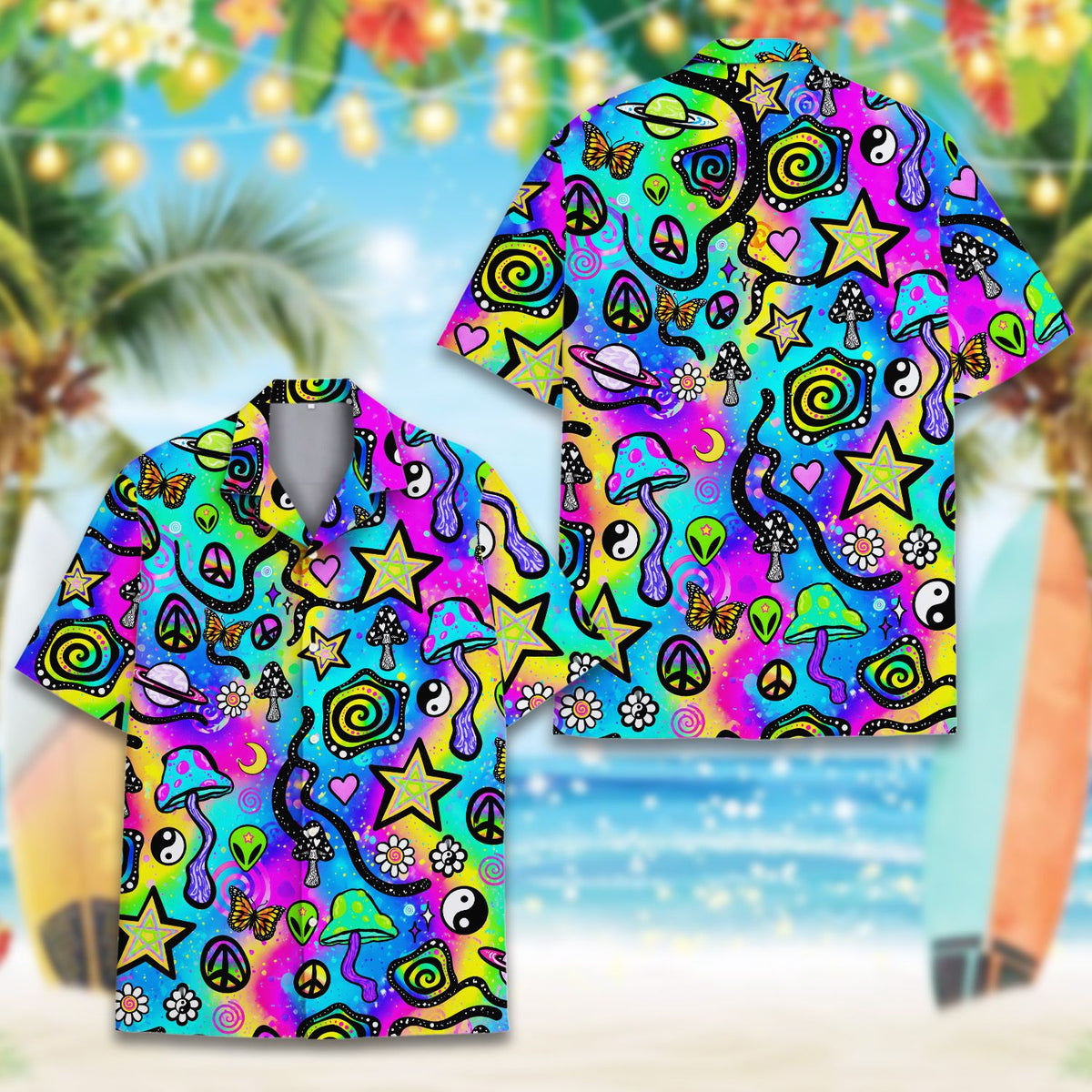 Second lifestyle view showing the bold retro psychedelic shirt in action