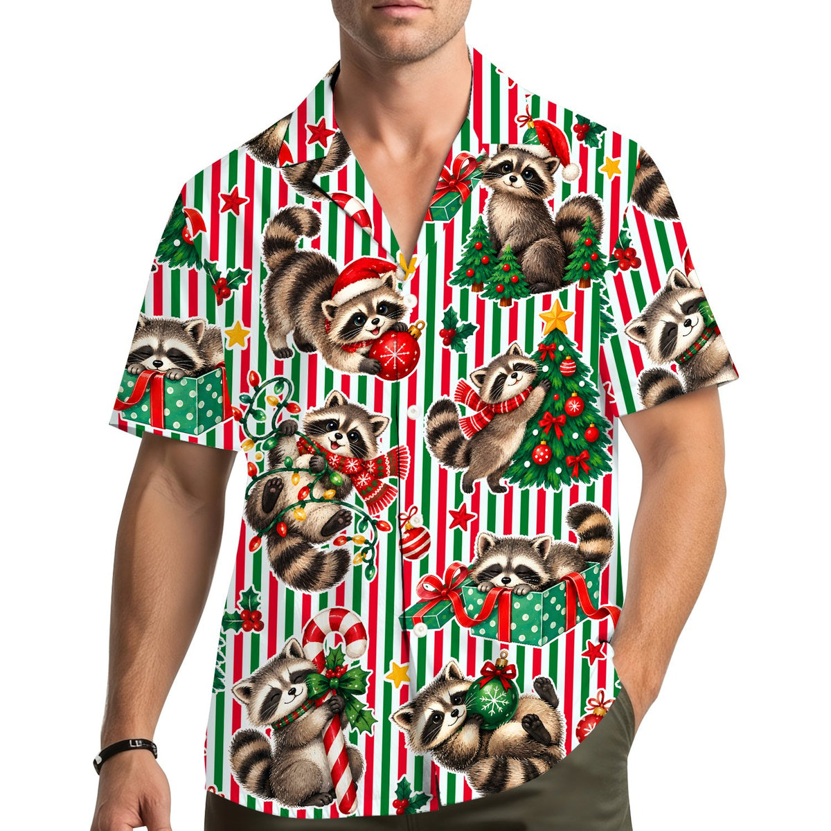 Second lifestyle view featuring the festive raccoon Hawaiian shirt outdoors