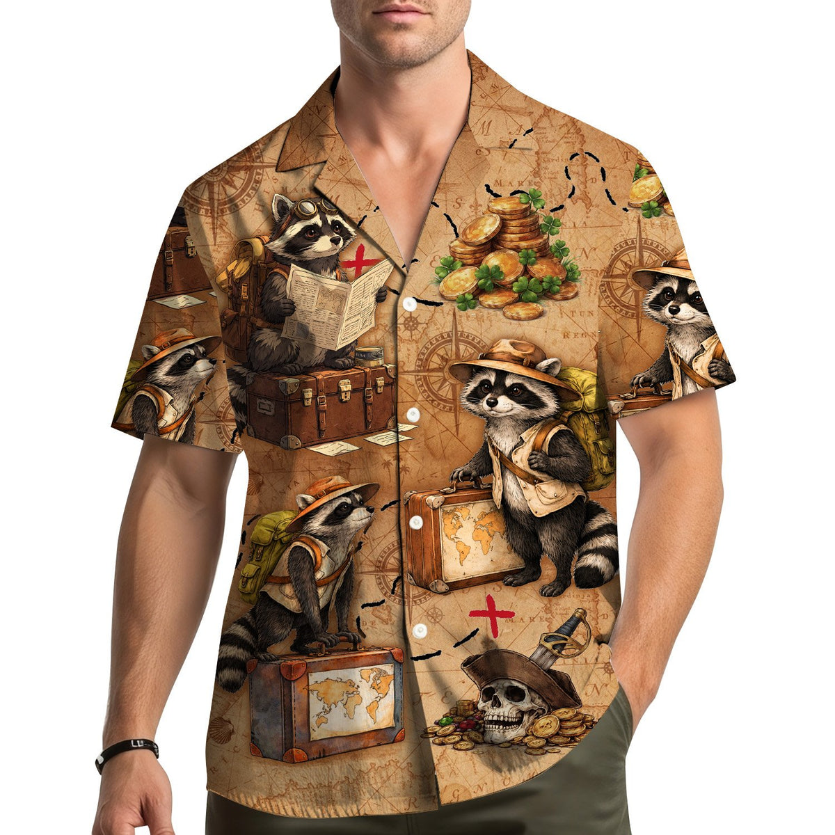 Lifestyle view of someone wearing the matching family hawaiian shirt with raccoon design