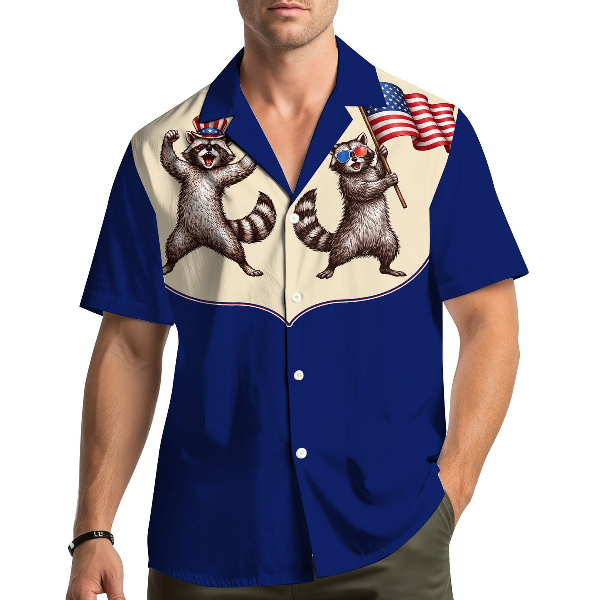 Lifestyle shot of a person wearing the matching family hawaiian shirts with the raccoon design outdoors