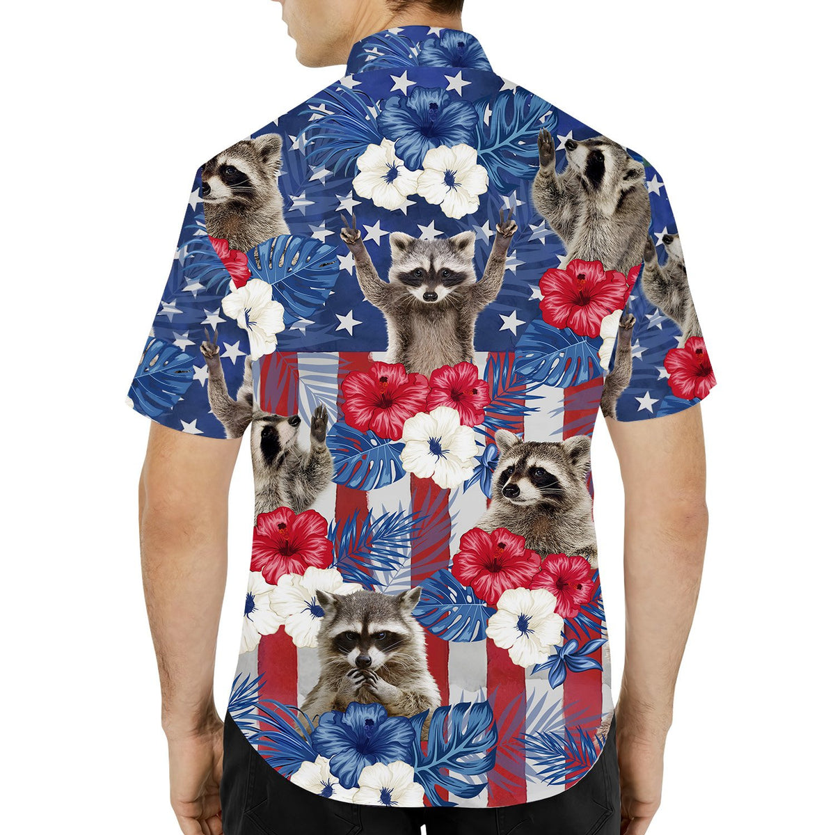 Close-up lifestyle view of the patriotic raccoon hawaiian shirt pattern.