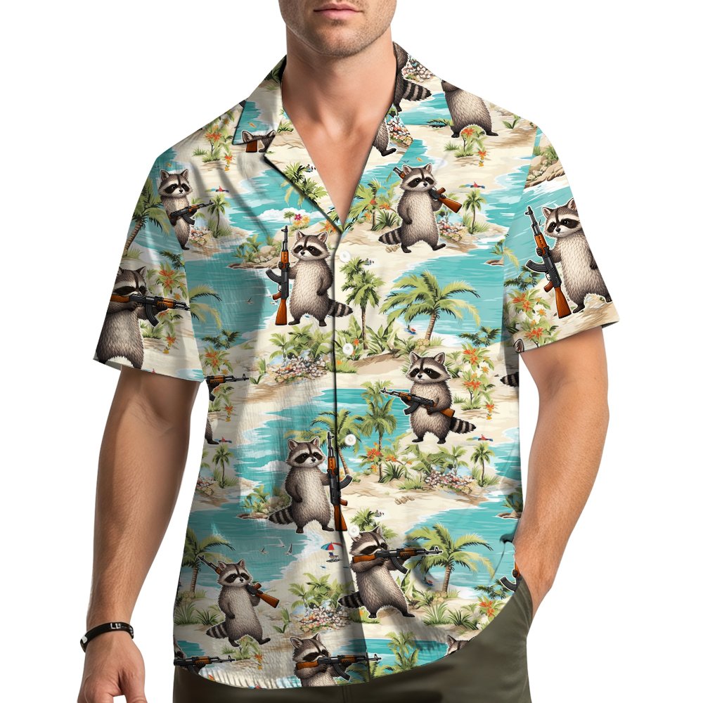 Lifestyle view of the raccoon weapon hawaiian shirt worn outdoors