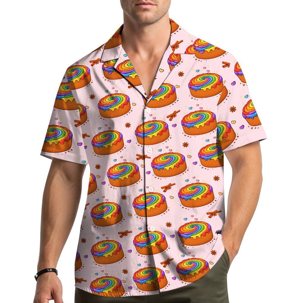 Lifestyle view of the rainbow cinnamon rolls hawaiian shirt
