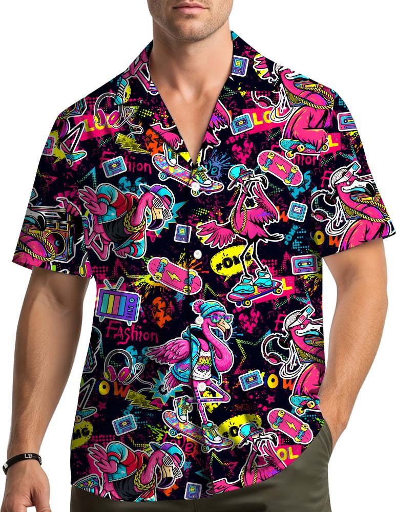 Family matching in retro 90s flamingos hawaiian shirts outdoors