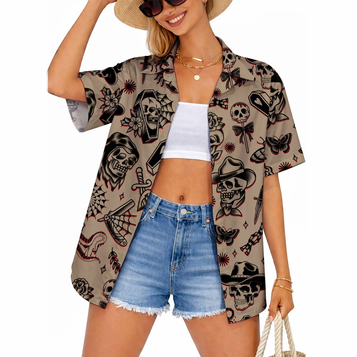 Second lifestyle view of individuals styling the beige retro hawaiian shirt