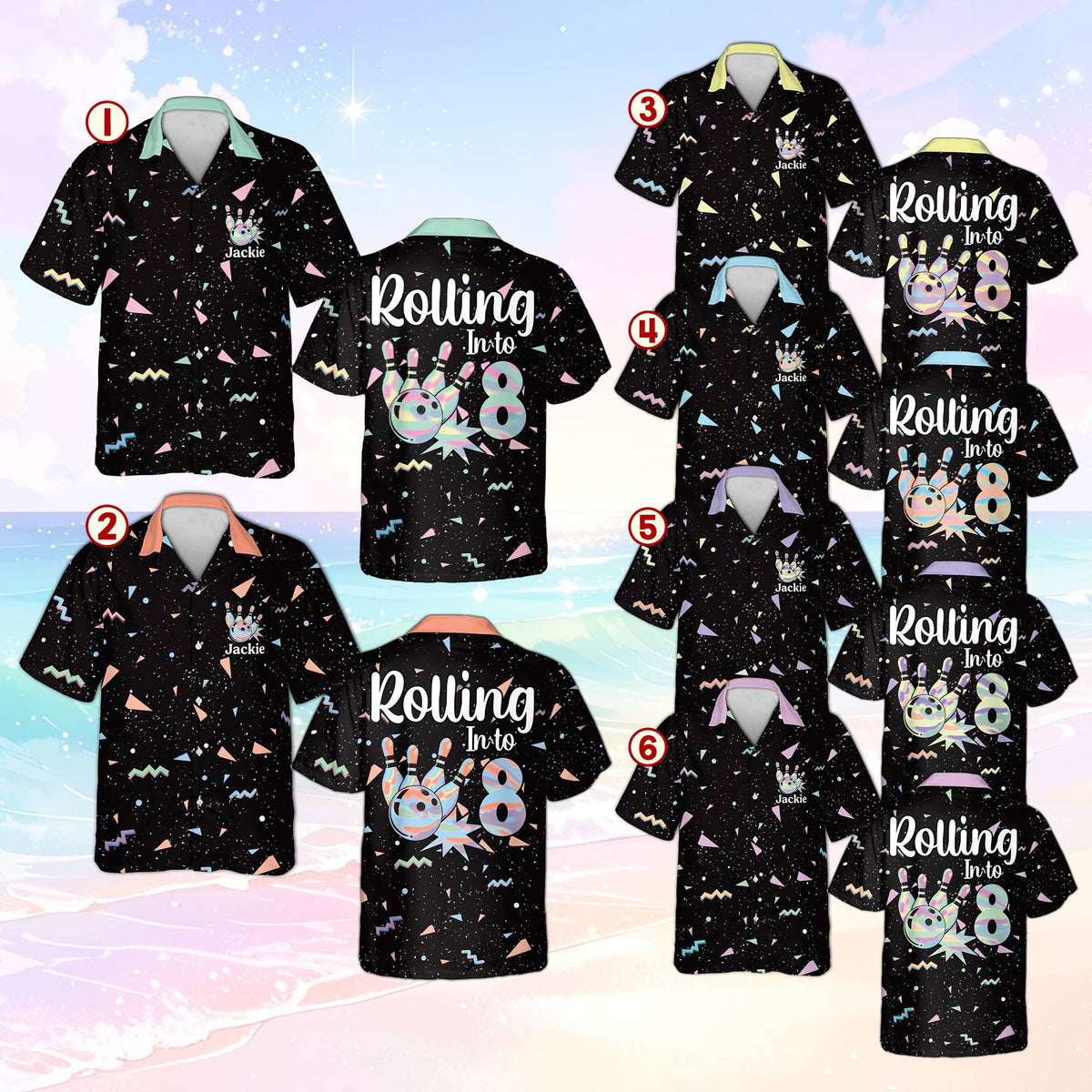 Detailed view showcasing the retro geometric pattern and bowling graphic on the hawaiian shirt