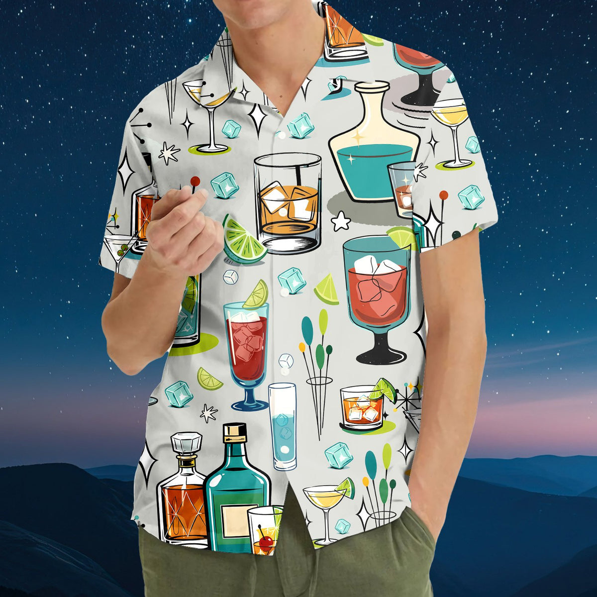 Fourth lifestyle view featuring the retro cocktail Hawaiian shirt being worn outdoors