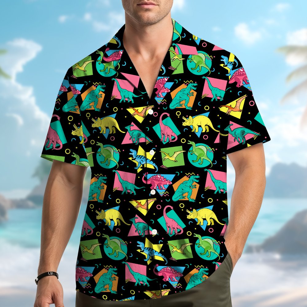 Another lifestyle shot showing the colorful dinosaur print button-down shirt