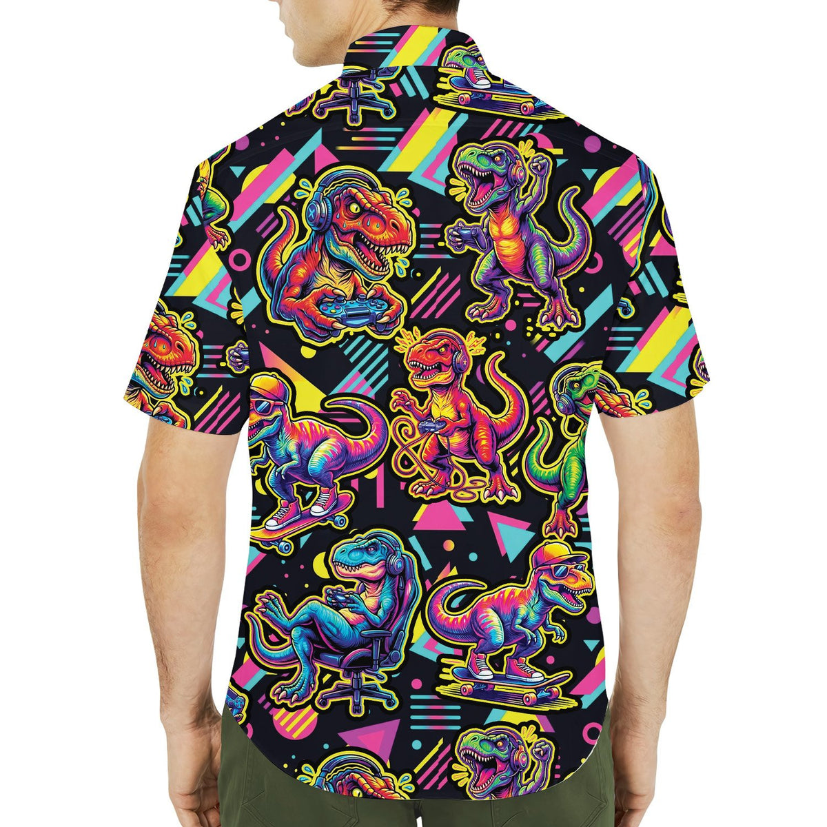 Retro gaming dinosaurs hawaiian shirt, lifestyle view