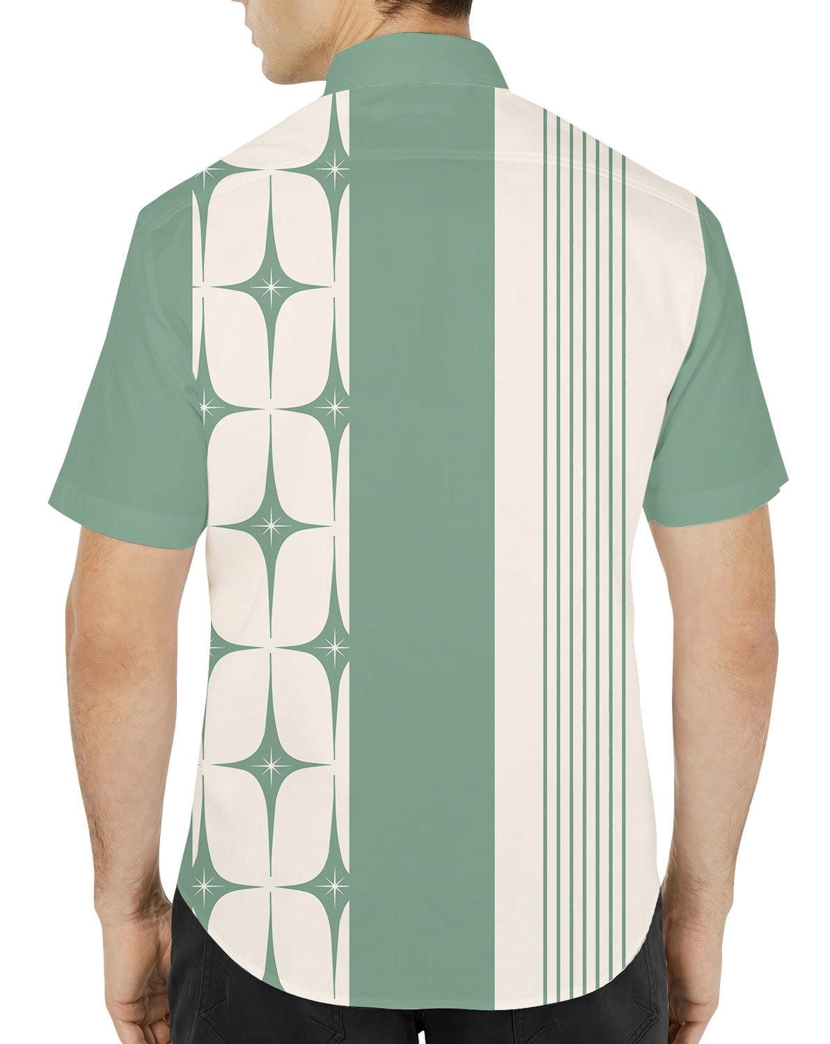 Second lifestyle view of the green retro hawaiian shirt in a casual setting