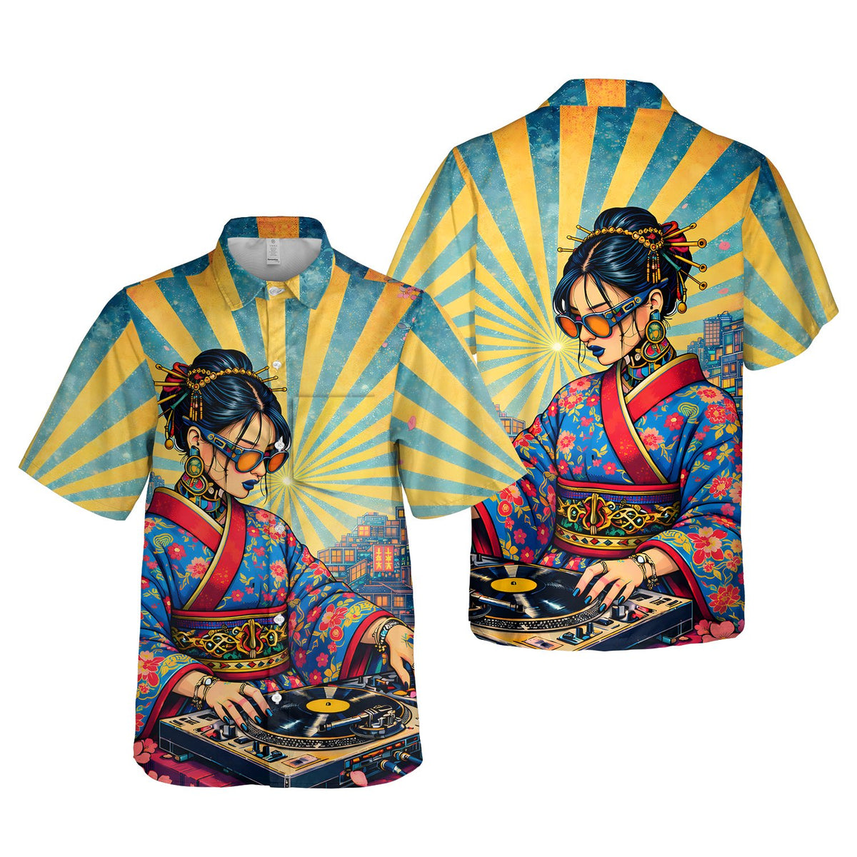 Second lifestyle view showcasing the vibrant retro DJ Hawaiian shirt in a casual setting