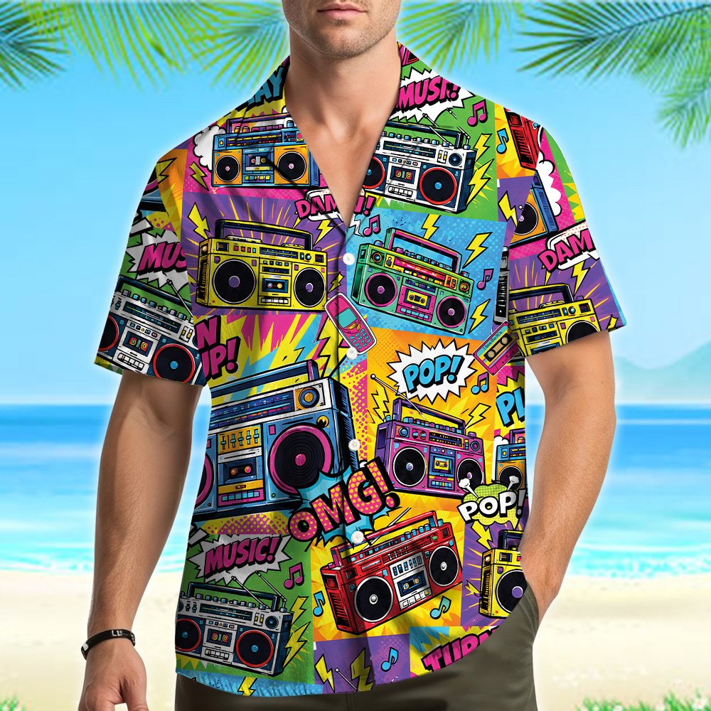 Second lifestyle view of adult wearing retro hawaiian shirt