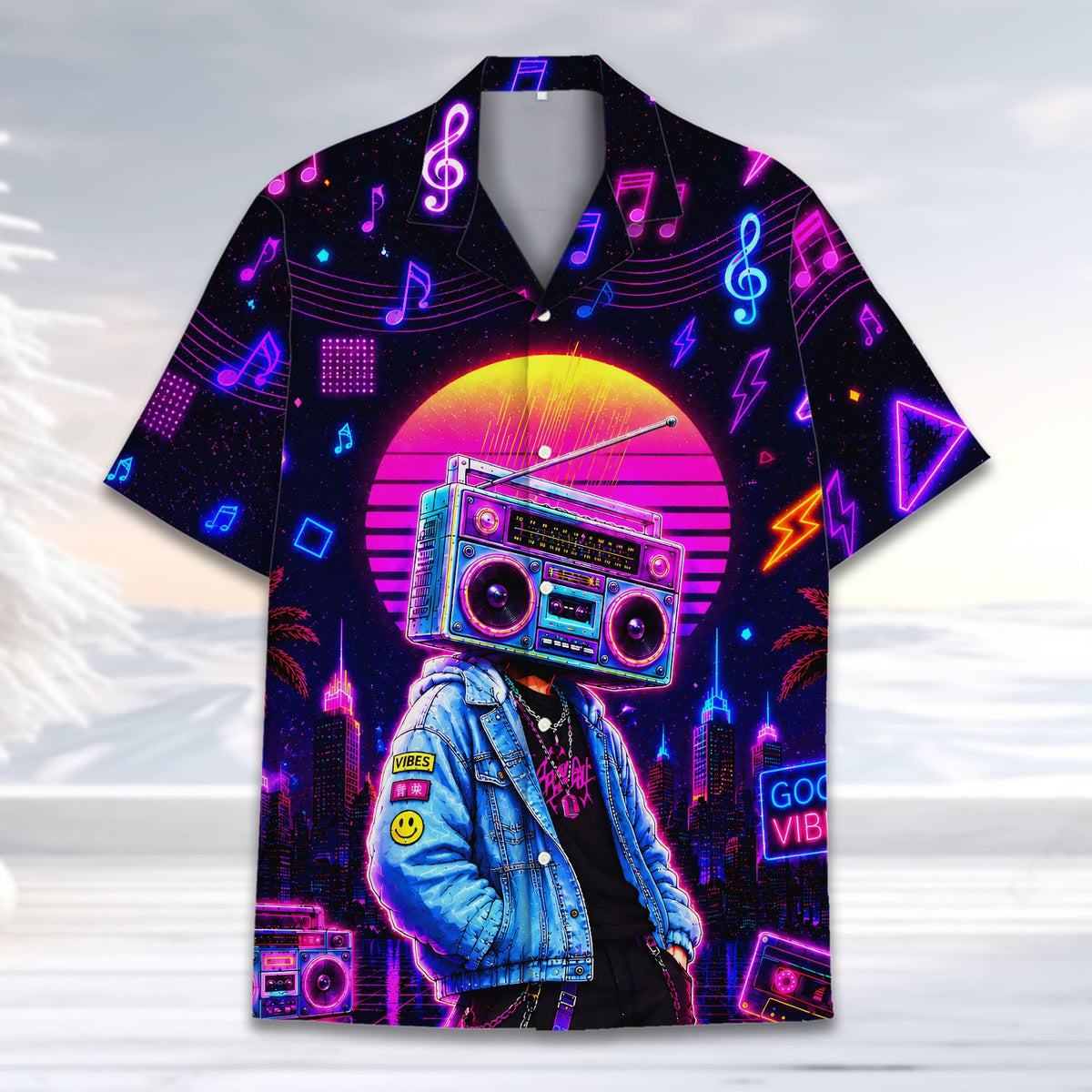 Outdoor lifestyle shot of the retro neon boombox hawaiian shirt