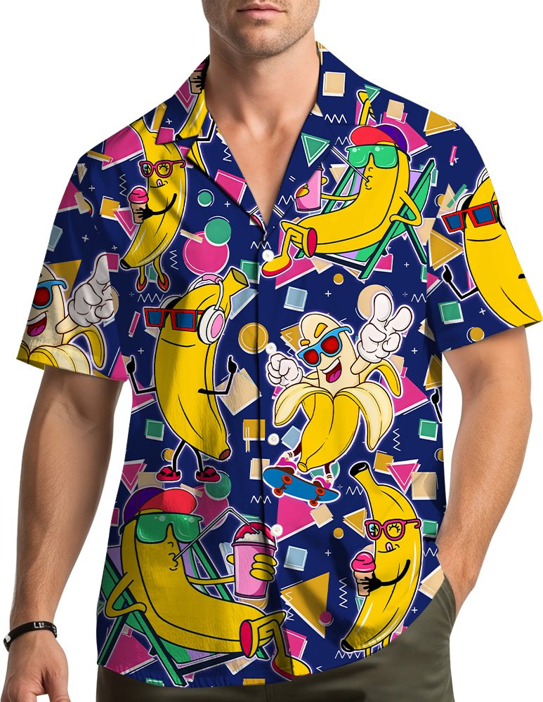 Lifestyle view of the family matching retro hawaiian shirts in a summer setting