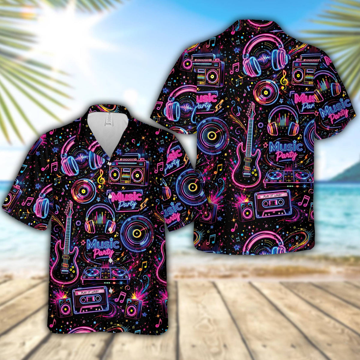 Front view of the retro music party hawaiian shirt displaying vibrant neon boomboxes and cassette tapes on a black background