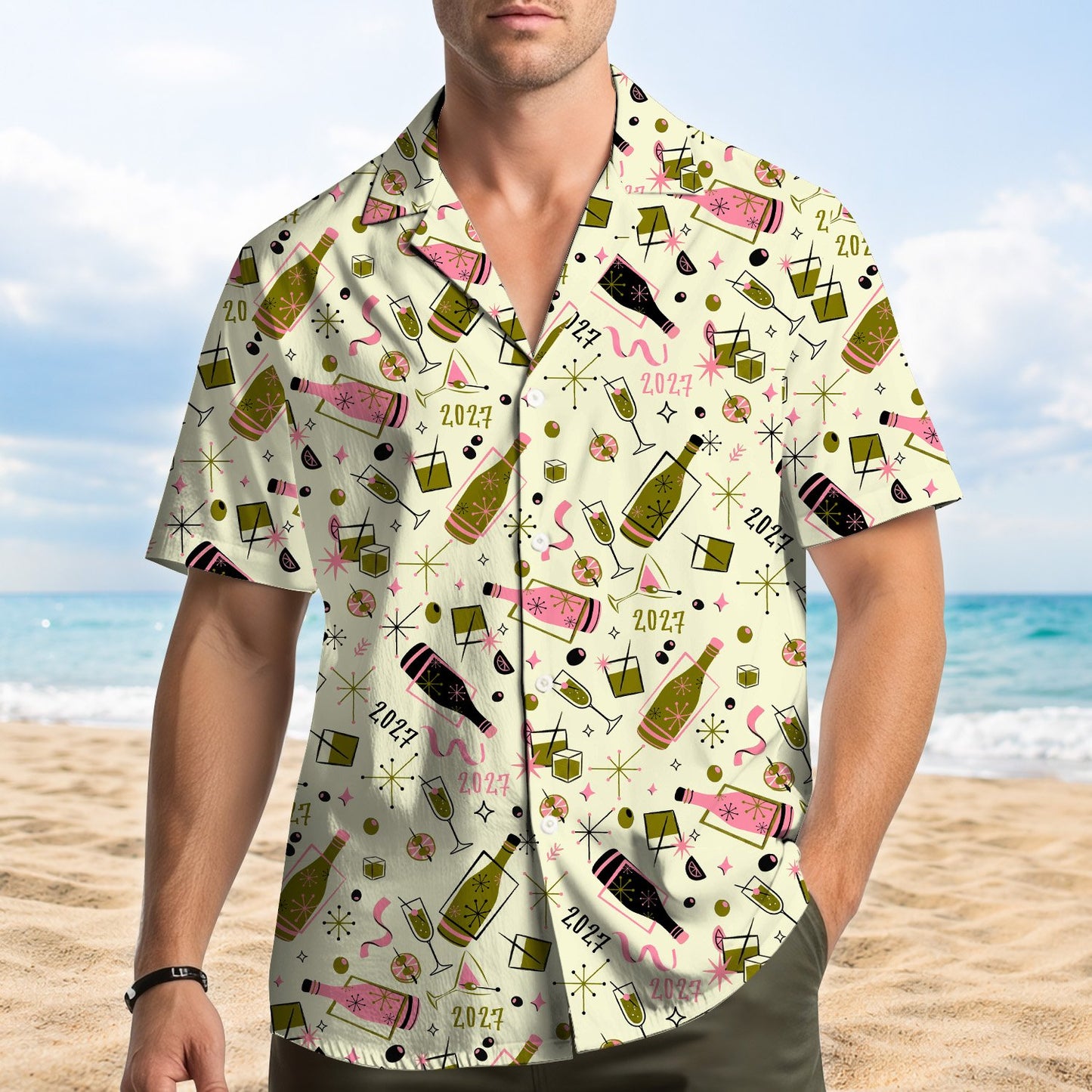 Second lifestyle view featuring the matching family hawaiian shirts in a celebratory setting