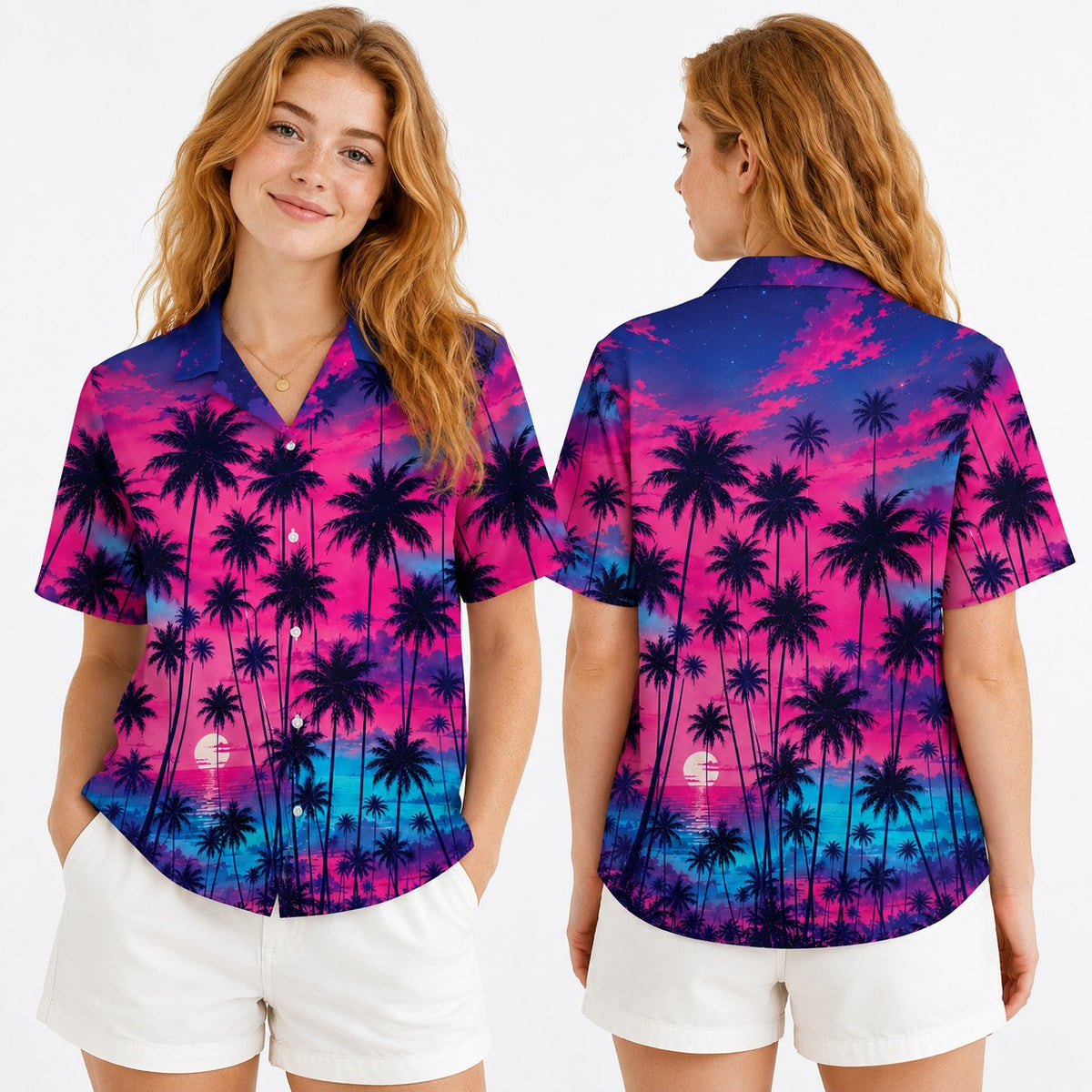 Lifestyle view of a family wearing matching hawaiian shirts with a retro tropical sunset pattern