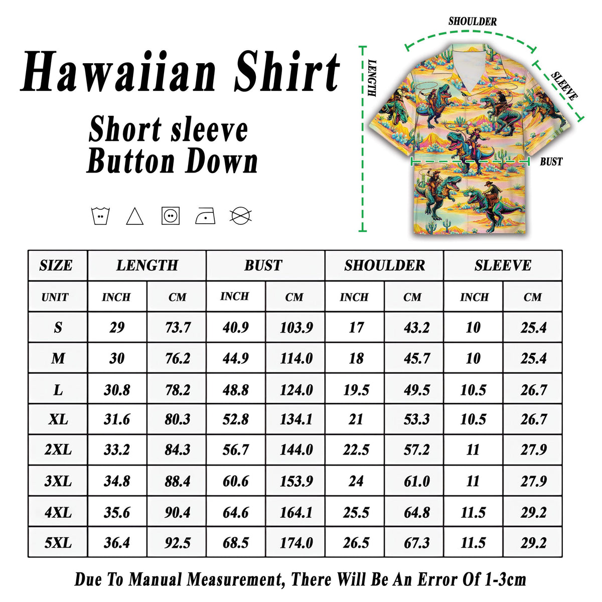 Lifestyle presentation view of the rodeo T-Rex neon Hawaiian shirt