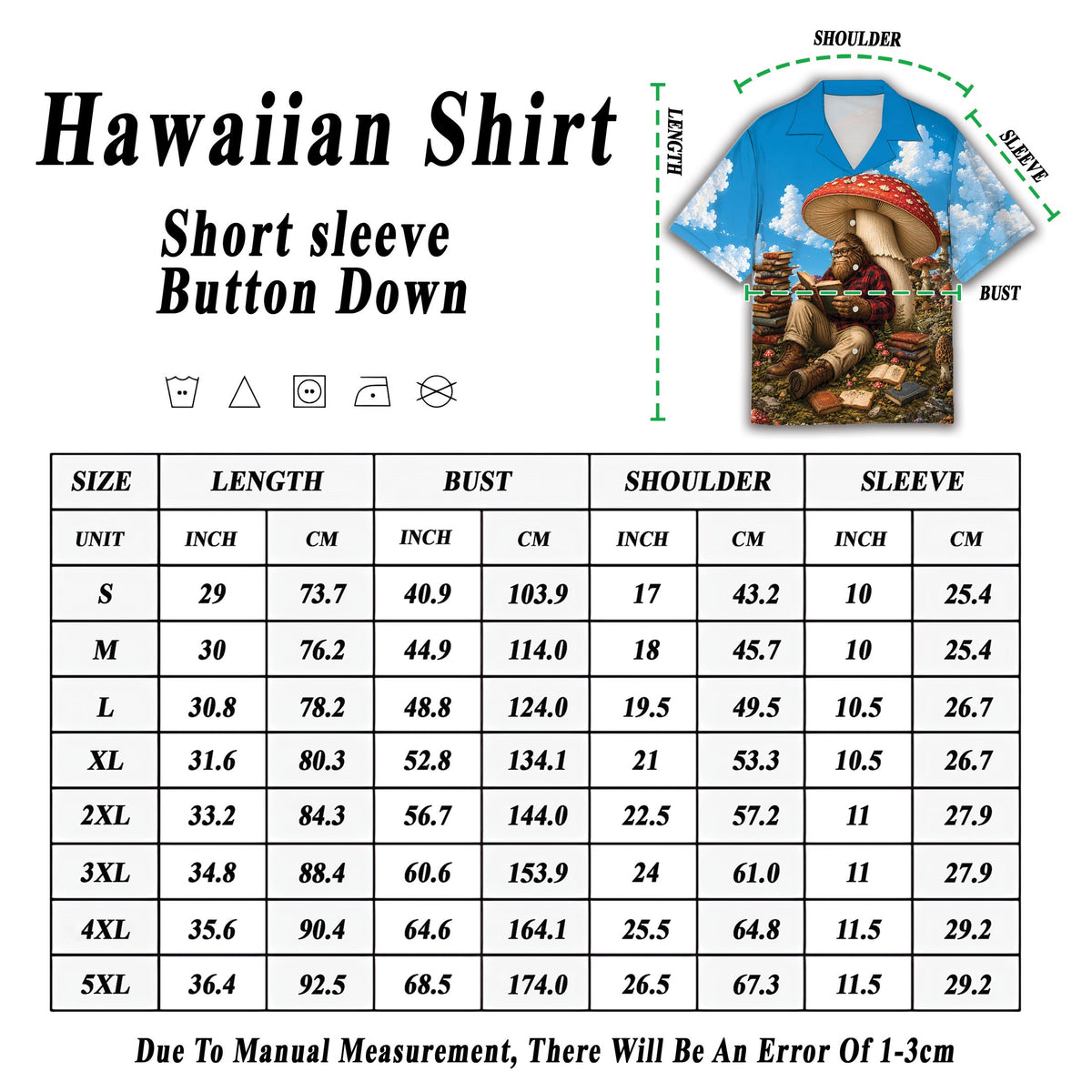 Side profile detail view of the sasquatch reading books hawaiian shirt