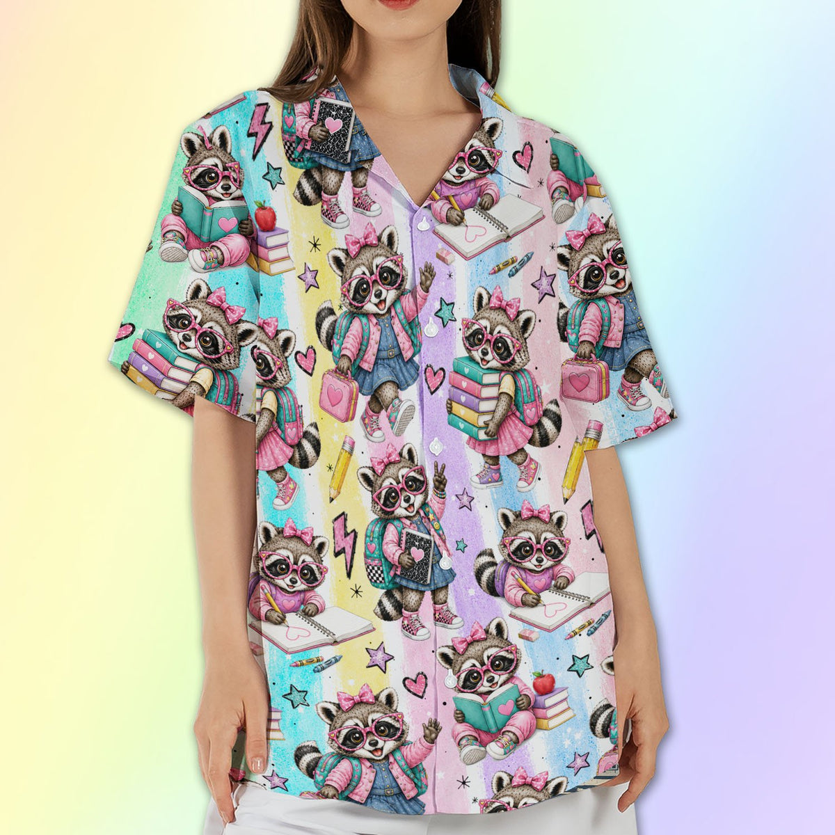 Matching family hawaiian shirt with cartoon raccoons, front view 8