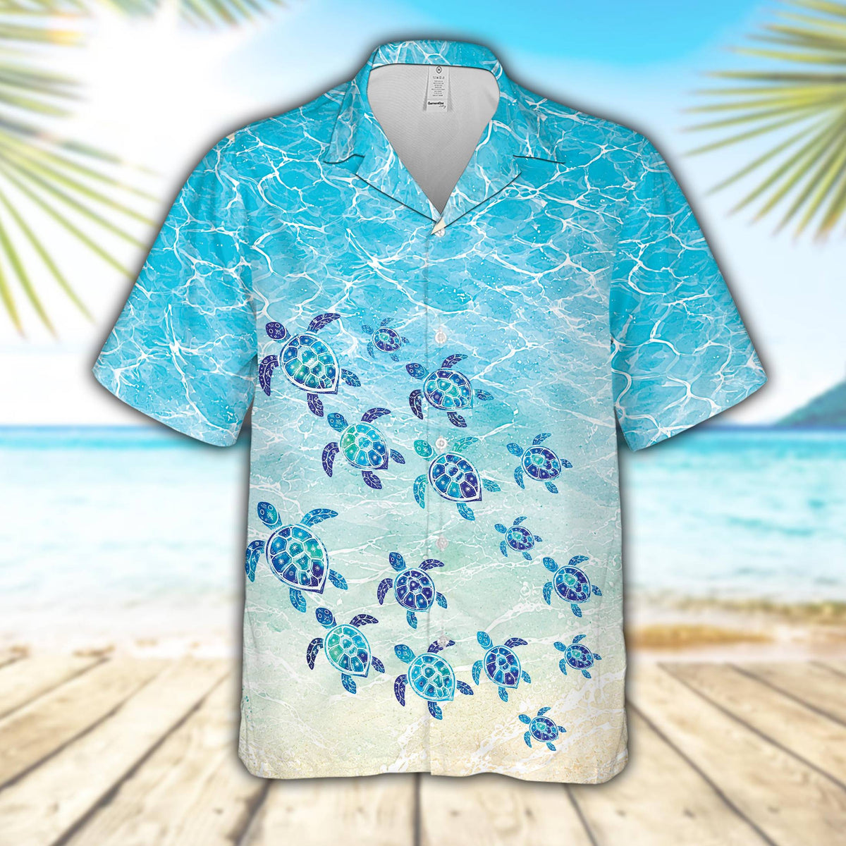 Front view of matching family hawaiian shirts featuring a sea turtle design in turquoise and beige