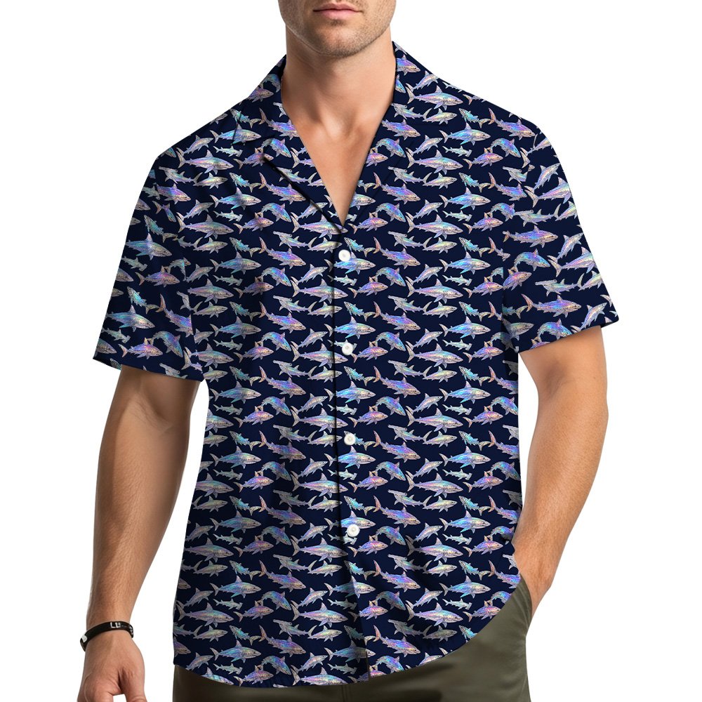 Third lifestyle view of the navy shark print hawaiian shirt being worn