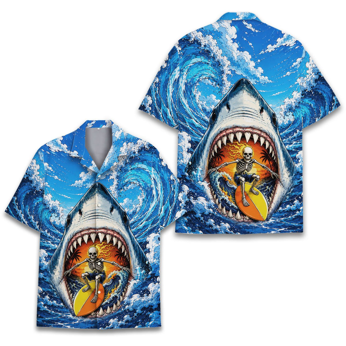 Family matching outfits lifestyle shot wearing shark hawaiian shirts