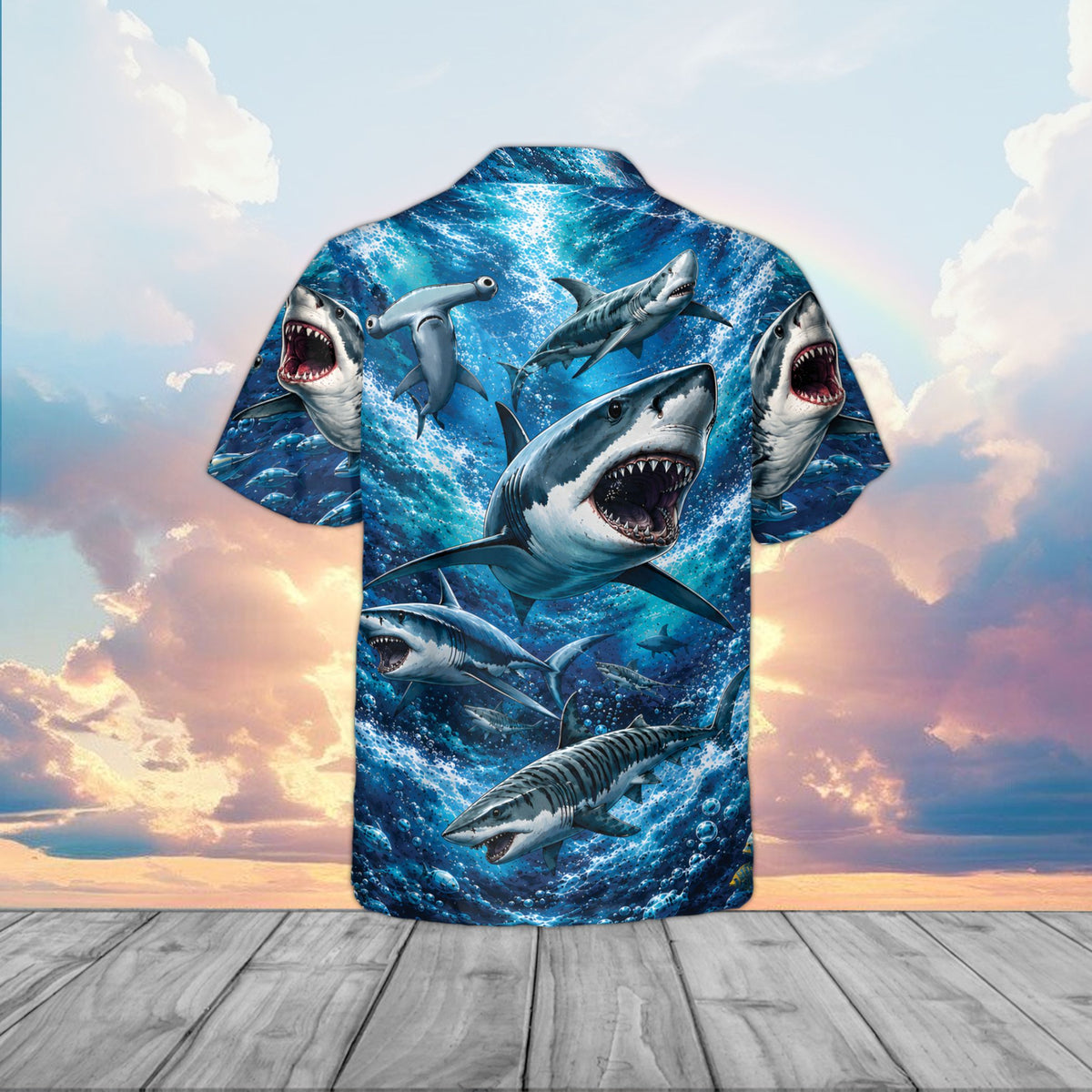 Back view of the blue shark hawaiian shirt showing realistic swimming sharks