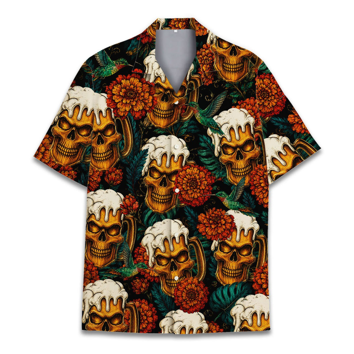 Additional detail view of the skull and beer hawaiian shirt design elements