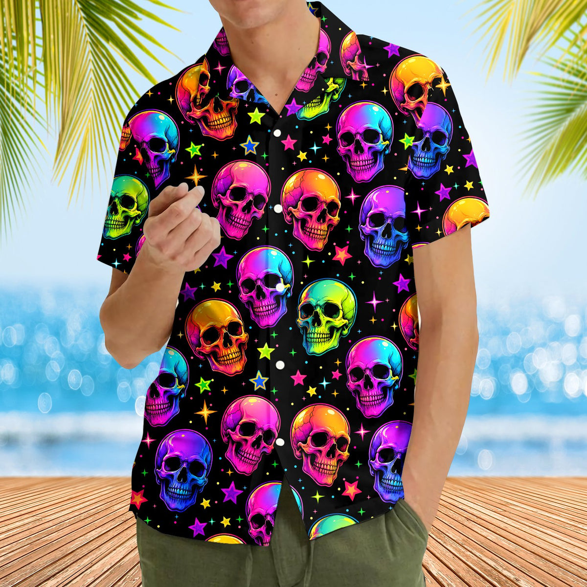 Lifestyle shot of the matching family hawaiian shirts with bright skull print