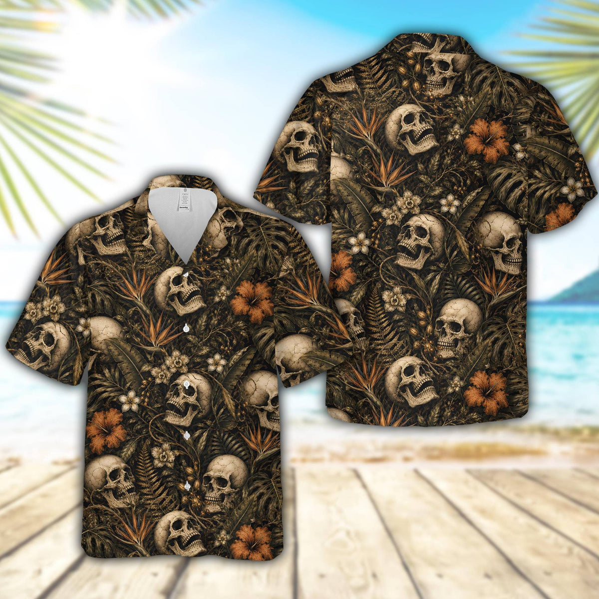 Close up view of the hawaiian skull shirt fabric showing the tropical floral and skull print