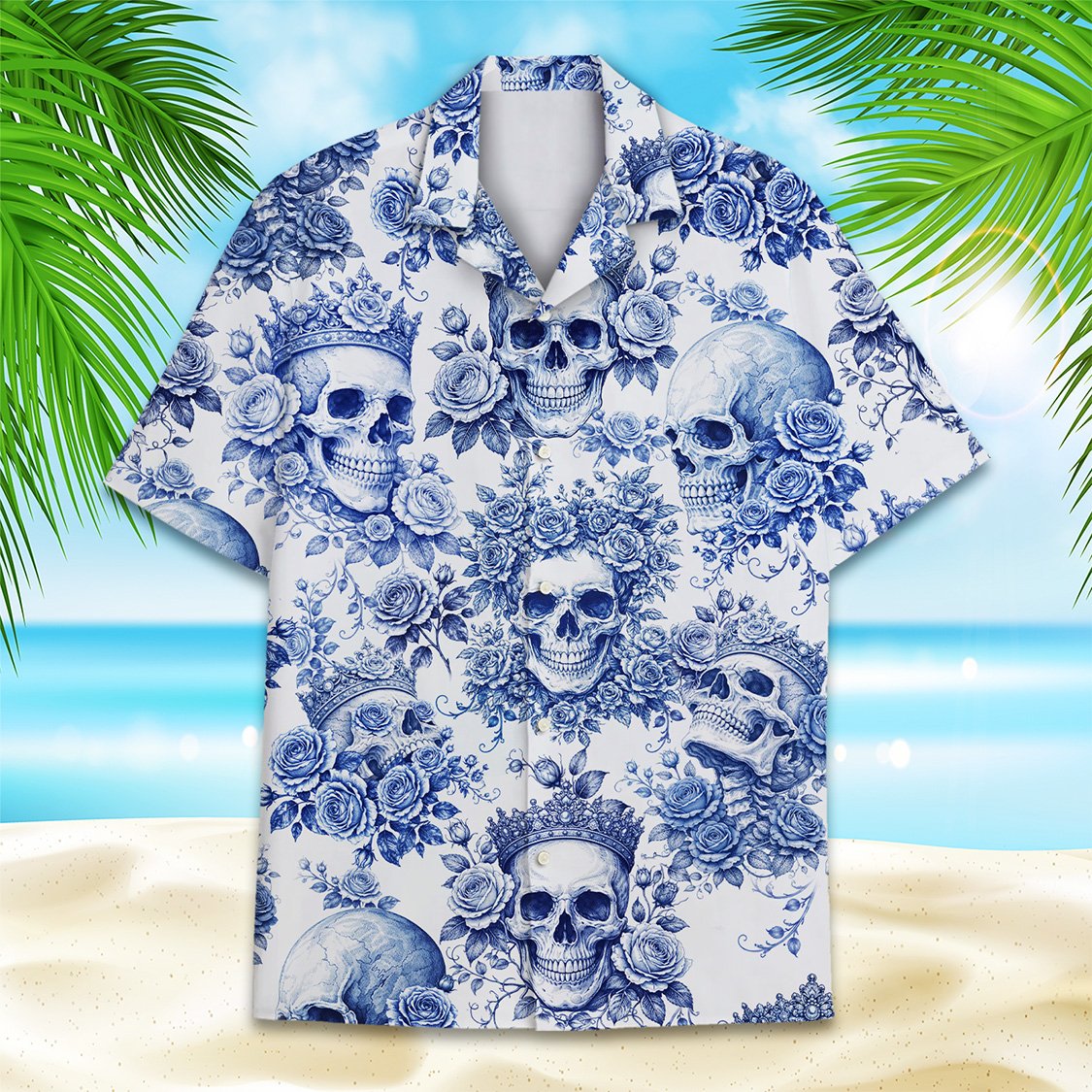 Lifestyle shot of an adult wearing the skulls and roses hawaiian shirt