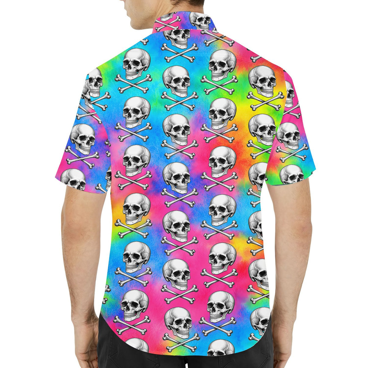 Lifestyle view of the skulls and tie-dye hawaiian shirt