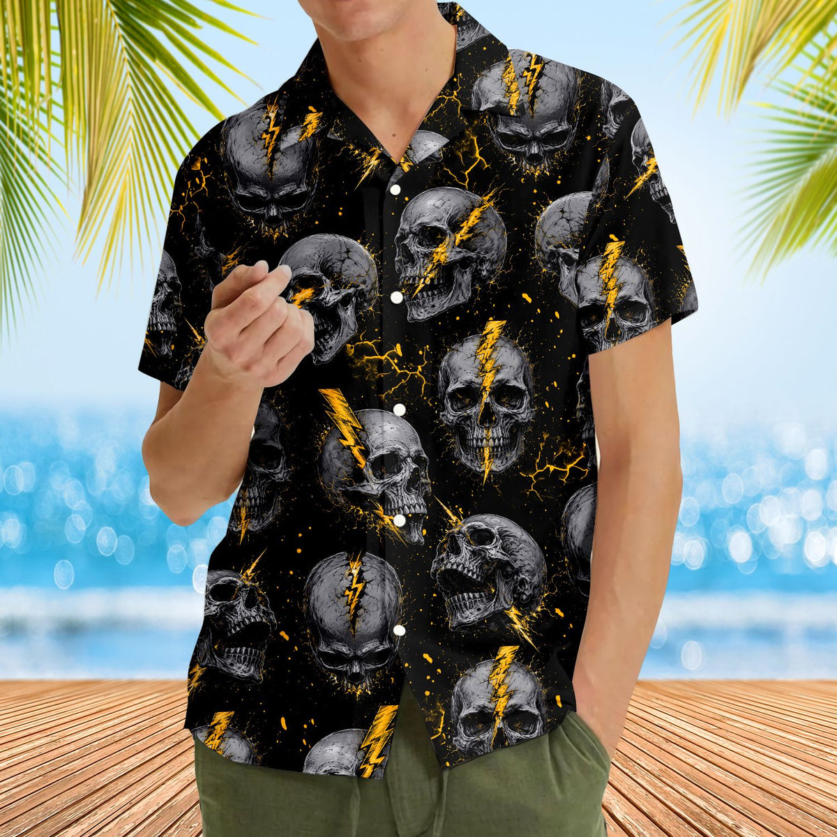 Person styling the black and yellow skulls hawaiian shirt
